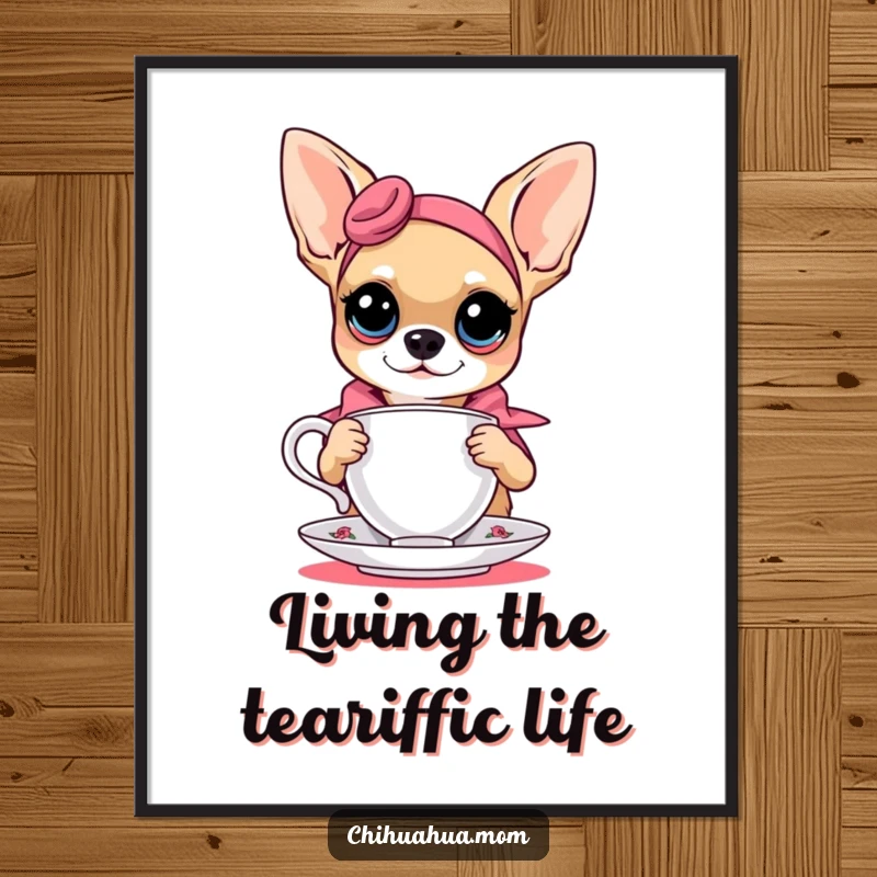 Funny Free Printable Wall Art: Glamorous chihuahua in sunglasses poses with a teacup, a chic and humorous art print.