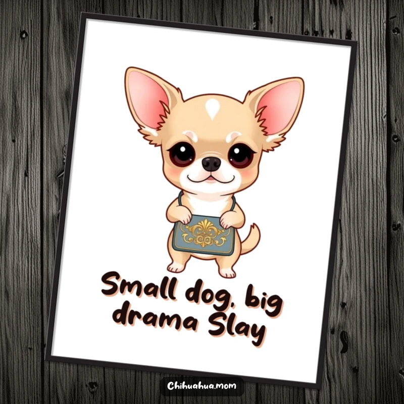 Funny free printable wall art: A determined chihuahua with a stylish handbag, ready for a night out.
