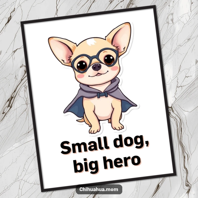 Funny Free Printable Wall Art: Chihuahua striking a heroic pose, cape billowing, exuding confidence.
