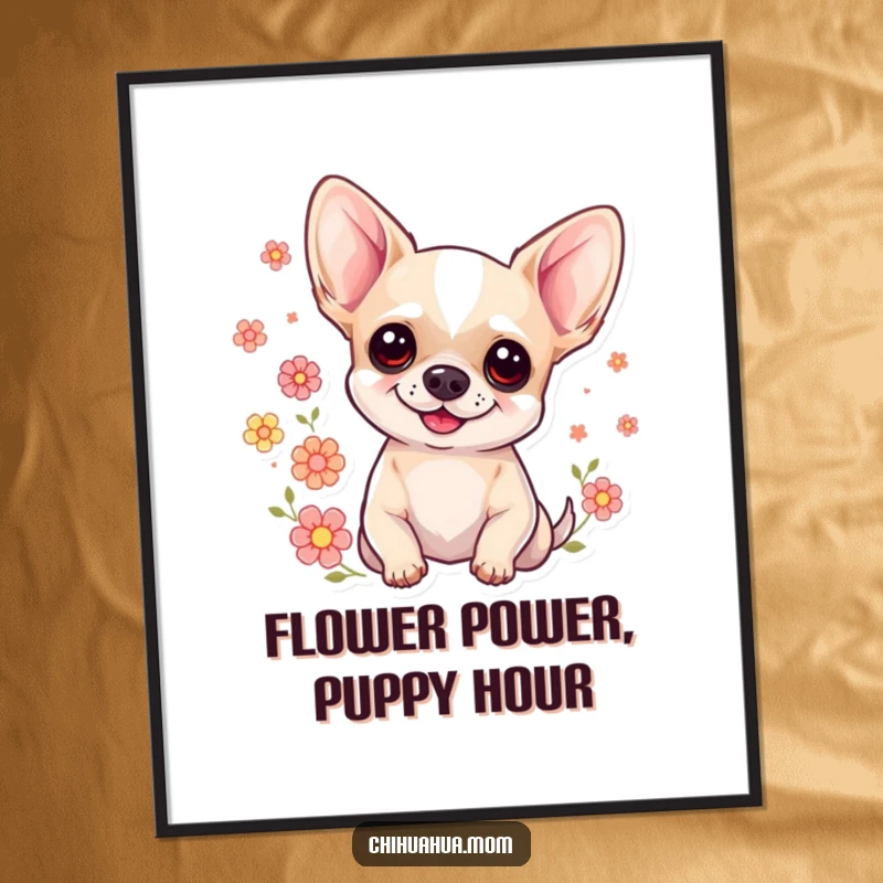 Funny free printable wall art: A happy chihuahua with a sweet smile, floating with delightful floral icons.