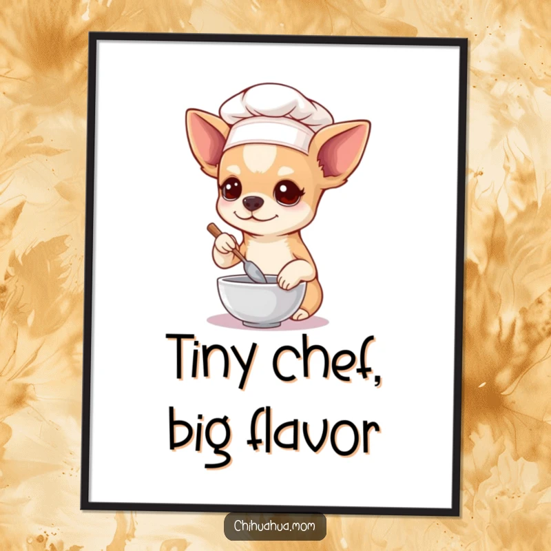 Funny Free Printable Wall Art depicting a determined chihuahua in a chef hat, stirring a tiny bowl, ready to serve up laughs.
