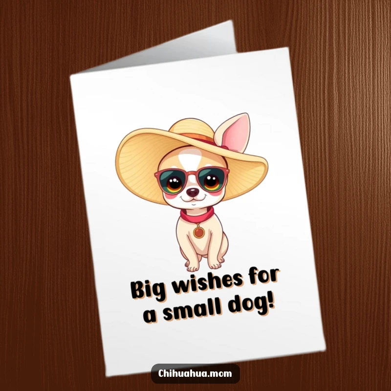Funny free printable birthday card: a tiny chihuahua woman looks fabulous wearing a large, stylish sun hat.