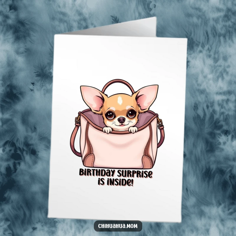 Funny Free Printable Birthday Card: Chihuahua peeking curiously out of a stylish handbag, looking fashion-forward.