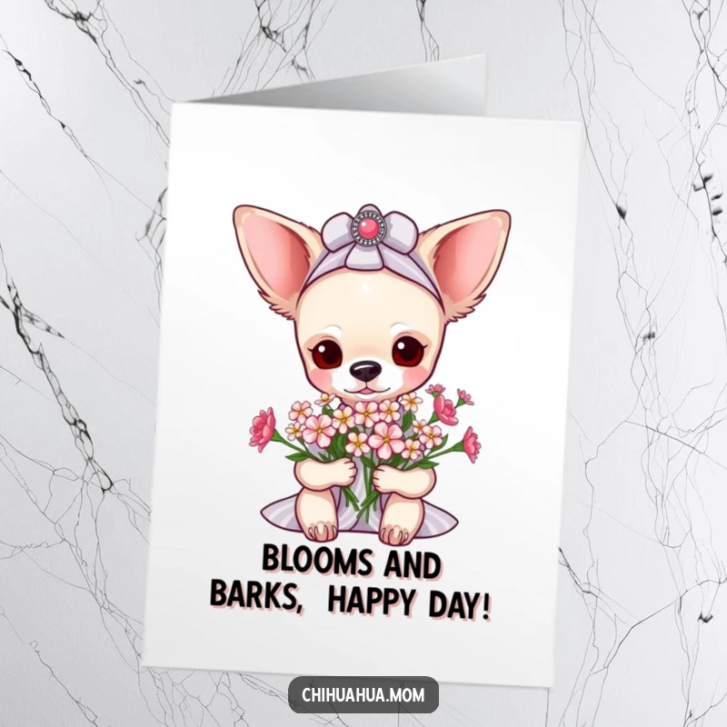 Funny Free Printable Birthday Card: A pampered chihuahua lady delightedly accepts a lovely bouquet of tiny flowers.