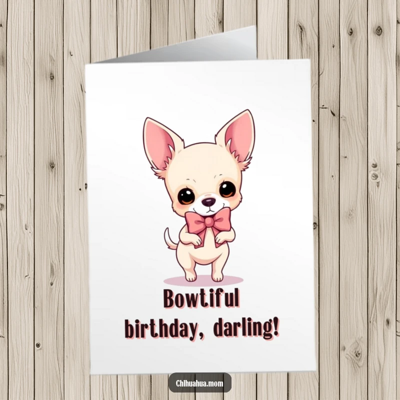 Funny Free Printable Birthday Card: Chihuahua prancing joyfully with an oversized bow, humorous doggy gift.