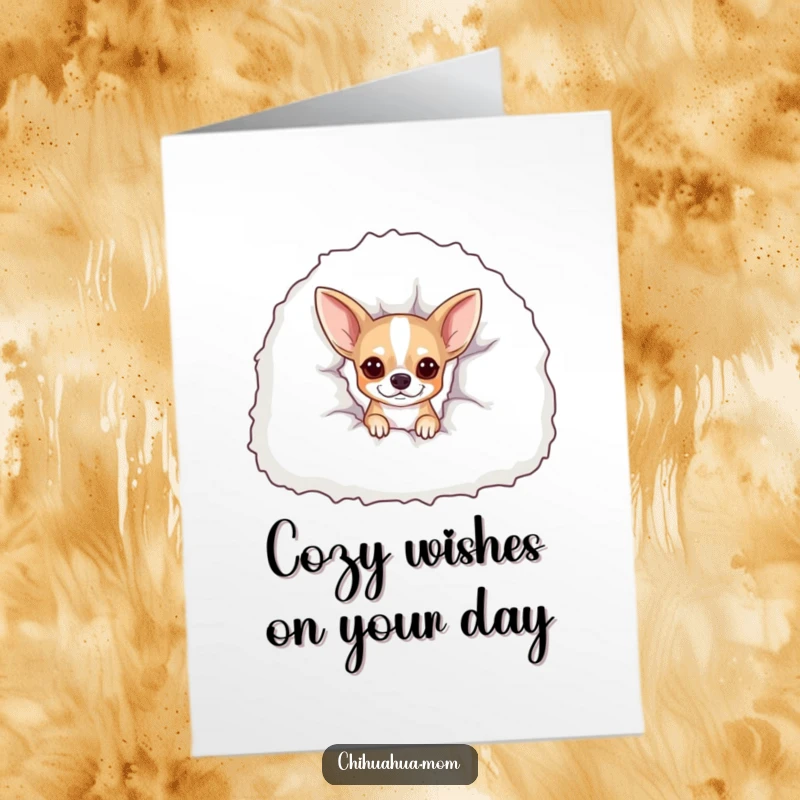 Funny Free Printable Birthday Card: A chihuahua peeks out from under a giant, fluffy blanket, looking snug and cute.