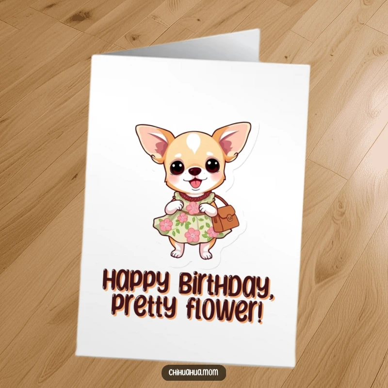 Funny Free Printable Birthday Card: A chihuahua dressed in a lovely floral dress, happily posing with her chic purse.