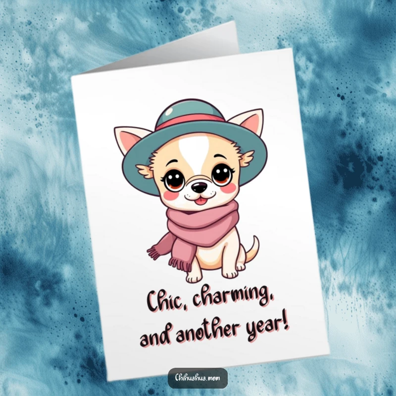 Funny Free Printable Birthday Card: Chic Kawaii chihuahua lady in a fashionable hat and scarf, sending birthday joy.