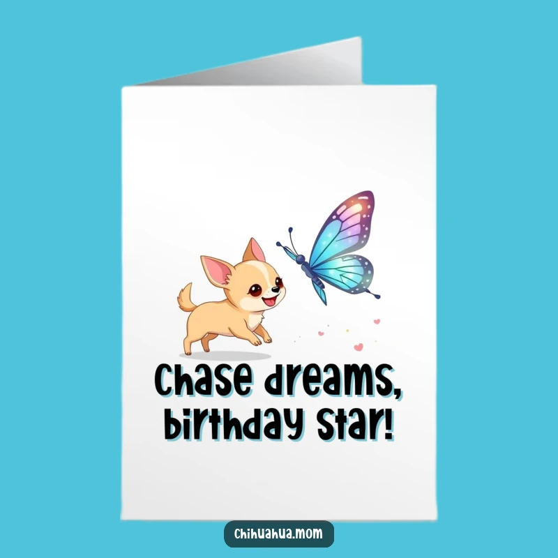 Free Printable Birthday Card: Chihuahua Butterfly Chase, Joyful Downloadable Greeting