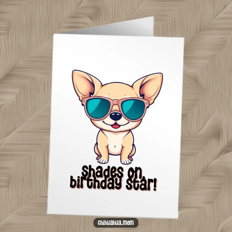 Funny Free Printable Birthday Card: Cute chihuahua in sunglasses, striking a pose, a cool downloadable gift.