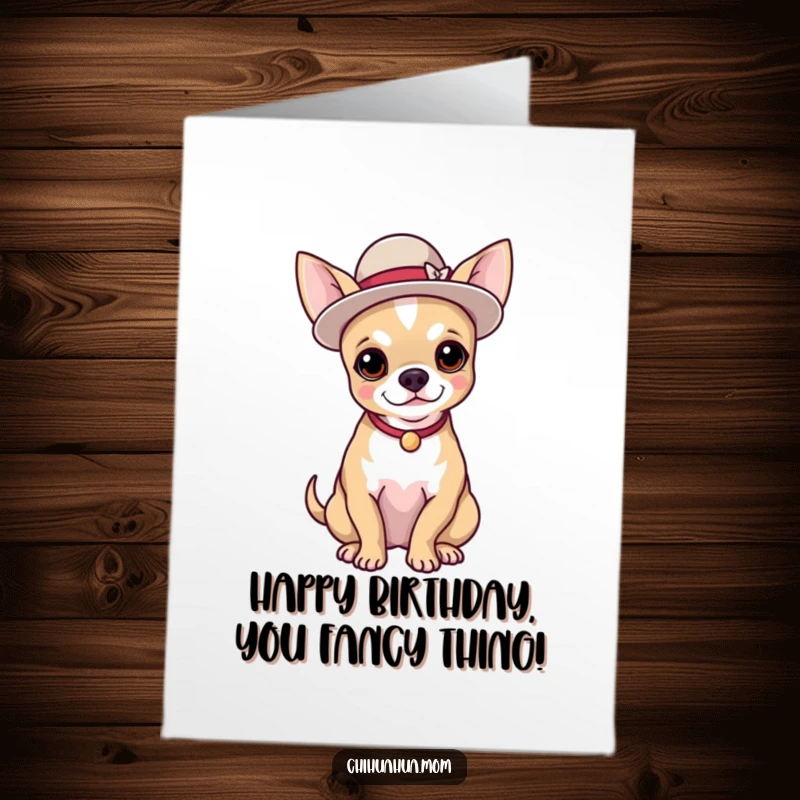 Funny Free Printable Birthday Card: A proud chihuahua sports a tiny, elegant hat, posing for a sophisticated downloadable greeting.