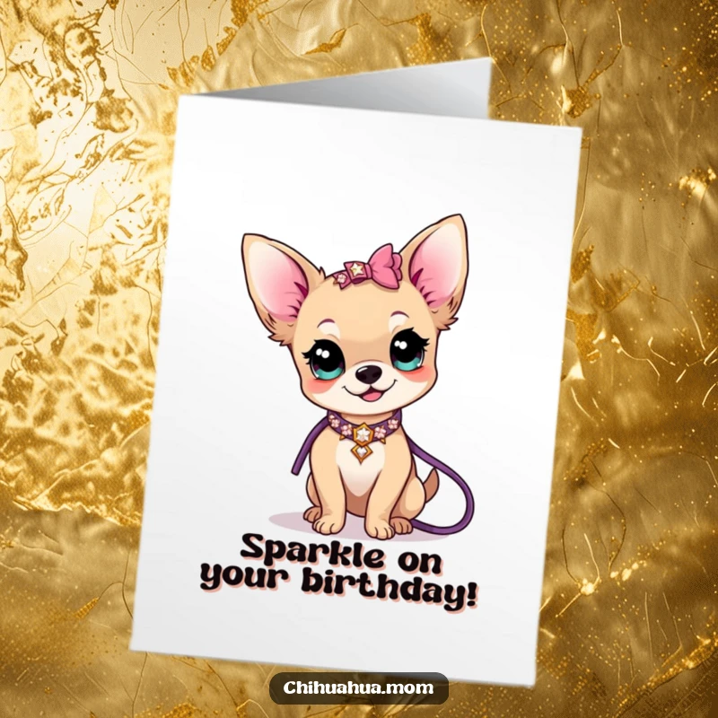 Funny Free Printable Birthday Card: Kawaii Chihuahua lady showing off a fabulous sparkly collar and leash, looking fabulous.