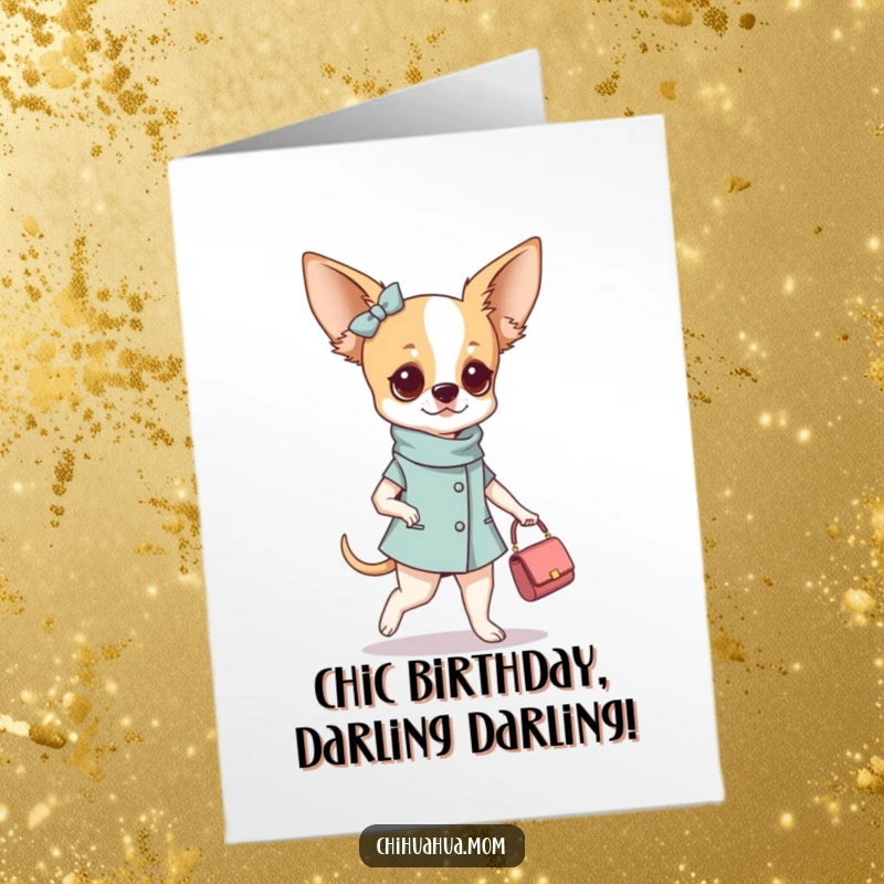 Funny Free Printable Birthday Card: A fashionable chihuahua woman confidently struts with a tiny purse and sunglasses.