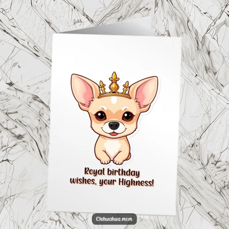 Funny Free Printable Royal Chihuahua Birthday Card: A chihuahua wearing a majestic crown, exuding regality.