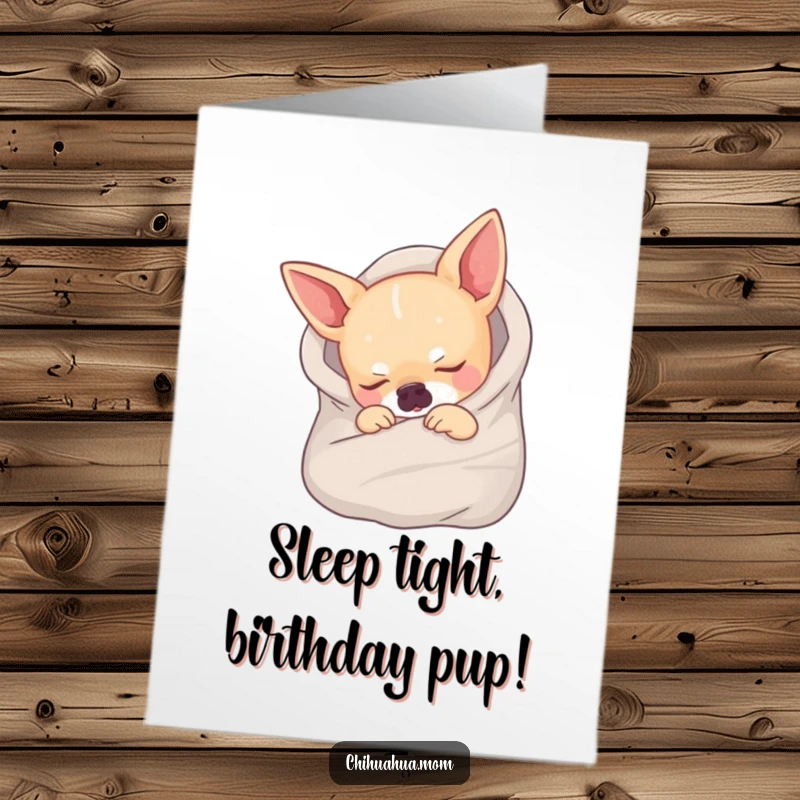 Funny Free Printable Birthday Card features a tiny chihuahua bundled snugly in a blanket, peacefully fast asleep.