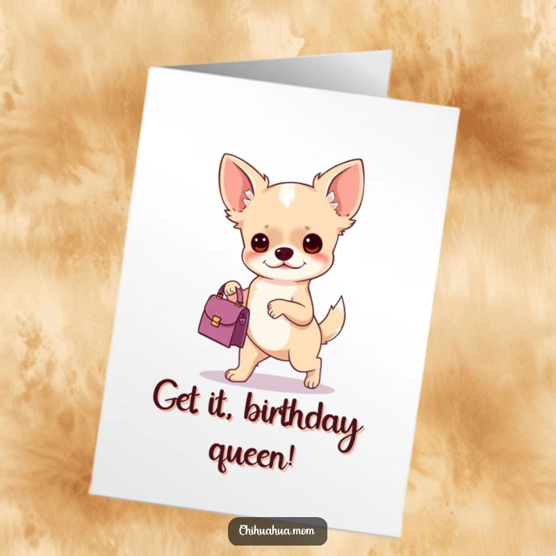 Funny Free Printable Chihuahua Birthday Card: Determined chihuahua with a tiny handbag strutting her stuff.
