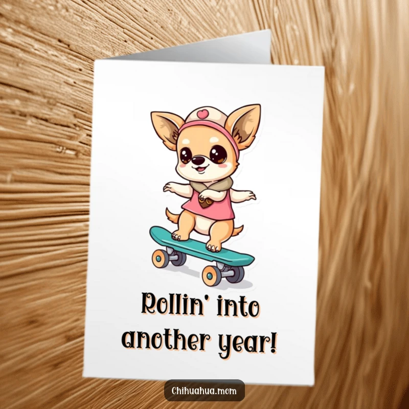 Funny Free Printable Birthday Card: Kawaii Chihuahua lady zooming on a tiny skateboard, full of energy and joy.