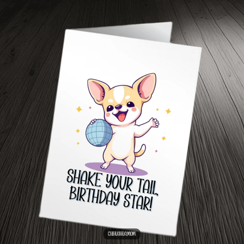 Funny Free Printable Birthday Card: Chihuahua in mid-disco dance with a shiny ball, pure joy on its face.