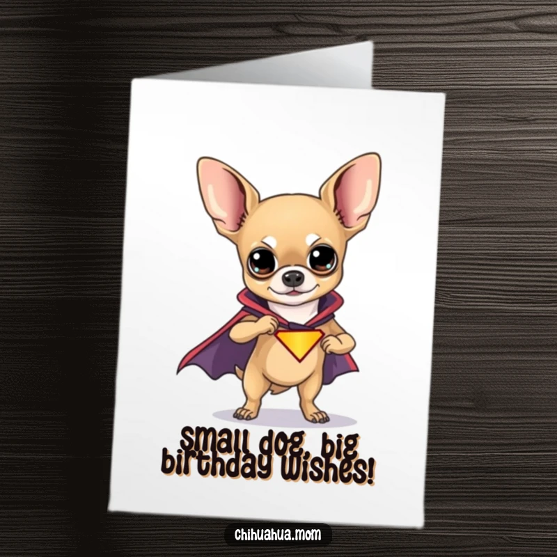 Funny Free Printable Birthday Card: Chihuahua superhero in cape, striking a powerful, confident pose, ready for action.