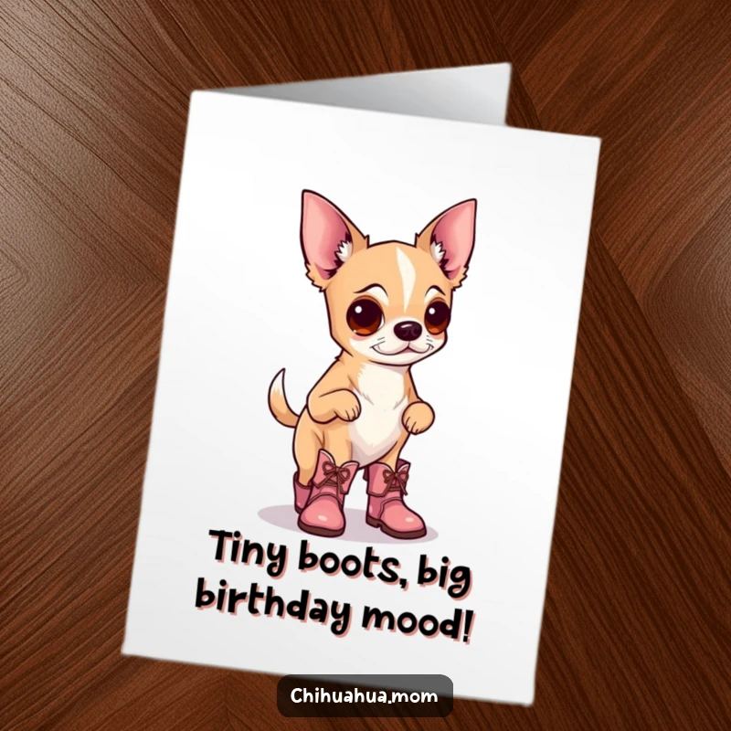 Funny Free Printable Birthday Card featuring a proud chihuahua strutting in tiny, fashionable boots, ready to celebrate.