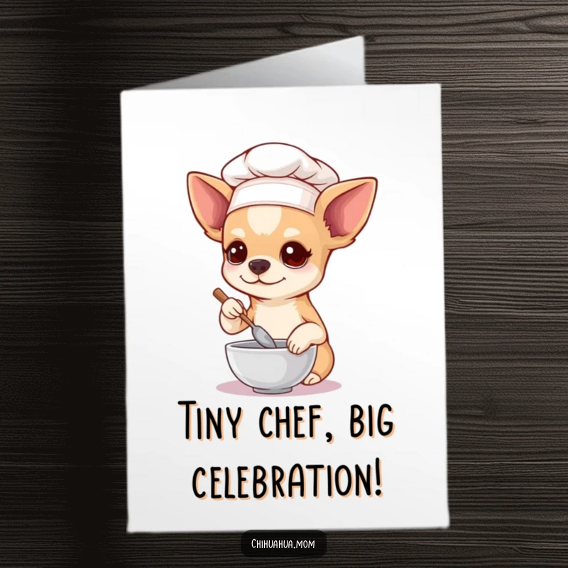 Funny Free Printable Birthday Card shows a tiny chihuahua in a chef hat intently stirring a miniature bowl, celebrating with culinary flair.