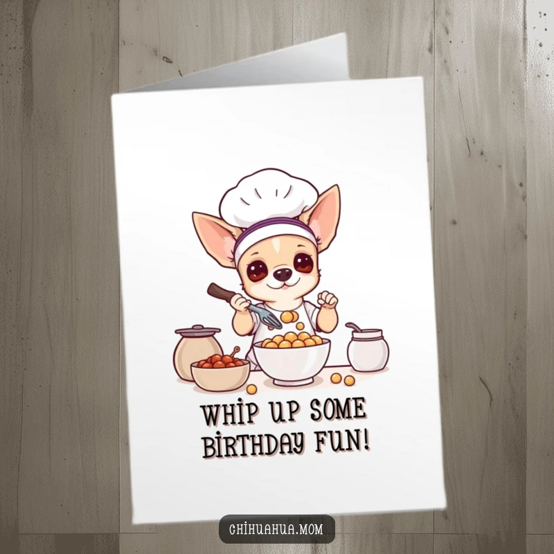 Funny Free Printable Birthday Card: A chihuahua chef dramatically whisking a bowl brimming with tiny, delicious treats.