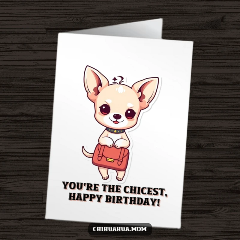 Funny Free Printable Birthday Card: Kawaii chihuahua lady peeks from a stylish handbag.