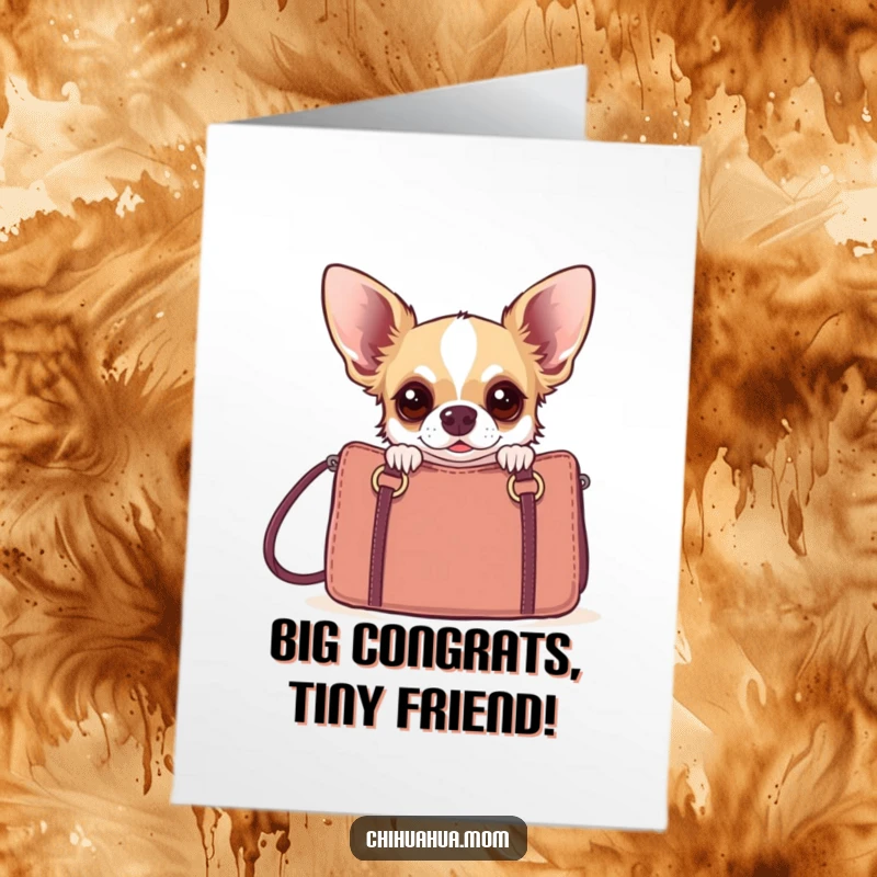 Funny Free Printable Congrats Card: A startled chihuahua pops out from behind a luxury handbag, celebrating success with humor.