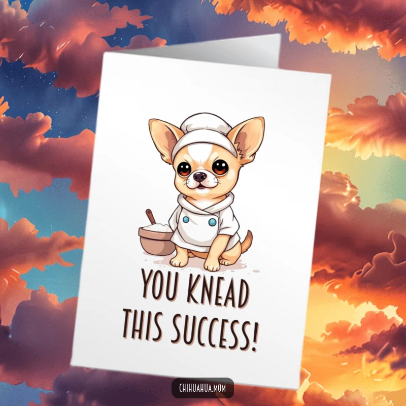 Funny Free Printable Congratulations Card: Chihuahua dressed as a baker, covered in flour, celebrating a sweet achievement.