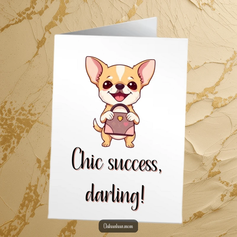 Funny Free Printable Congratulations Card showing a chihuahua proudly holding a tiny designer handbag, celebrating achievements with flair.