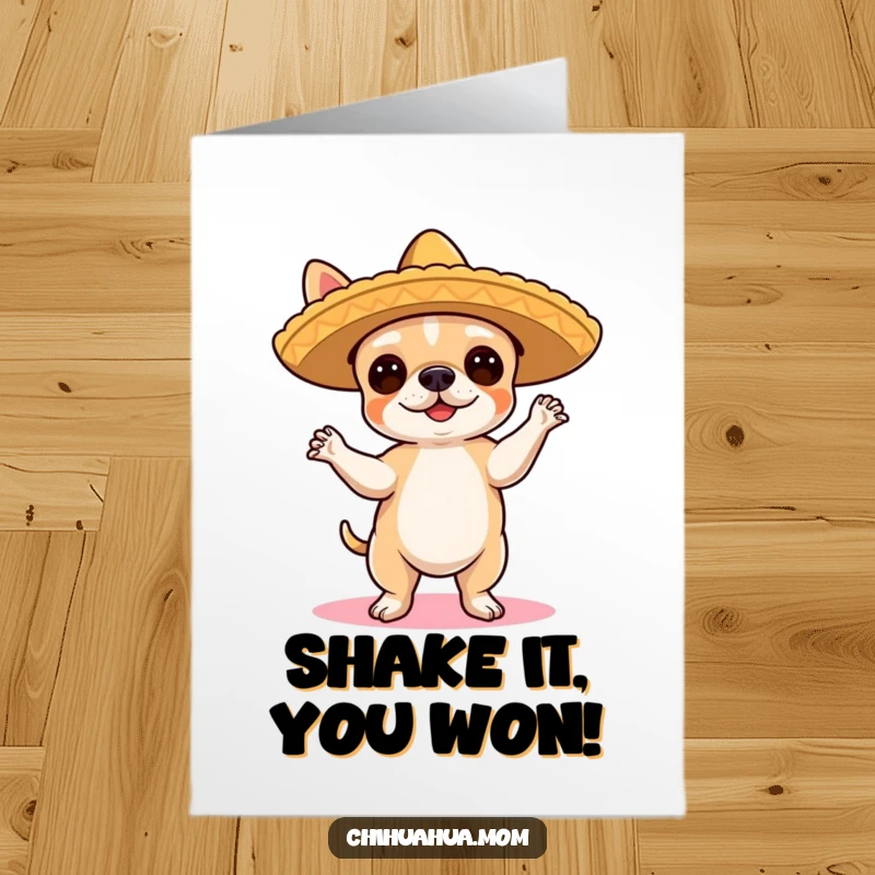Funny Free Printable Chihuahua Flamenco Congratulations Card: Chihuahua in sombrero dancing flamenco, celebrating victory.