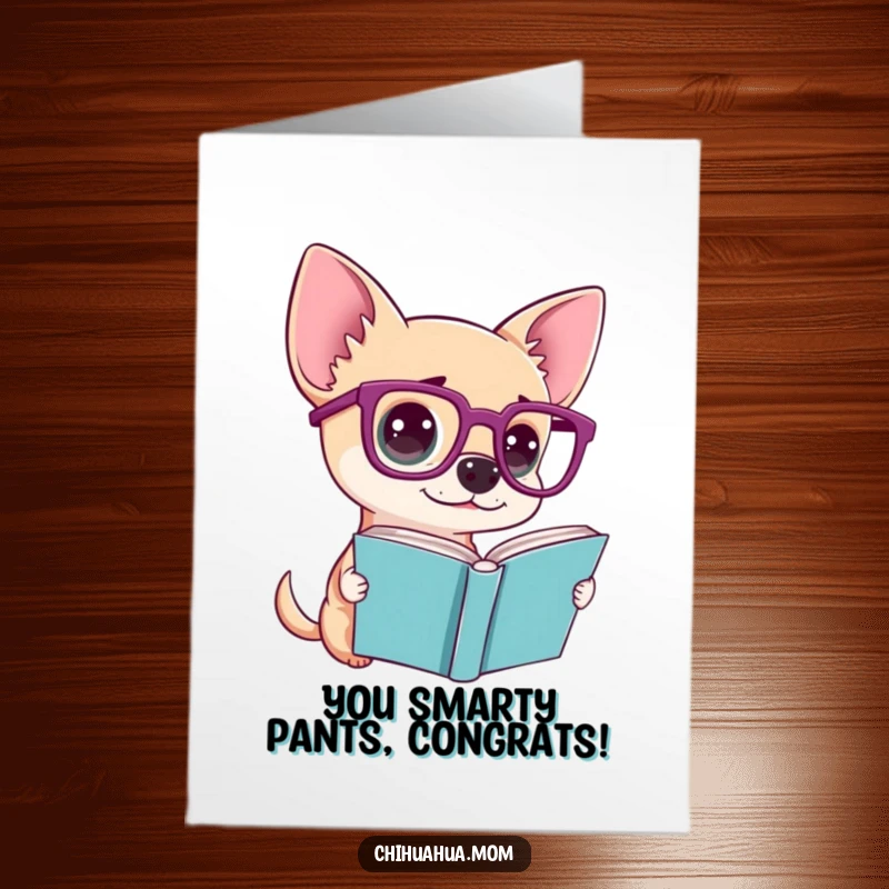 Funny Free Printable Congratulations Card shows a chihuahua with huge glasses looking puzzled while staring at a book.