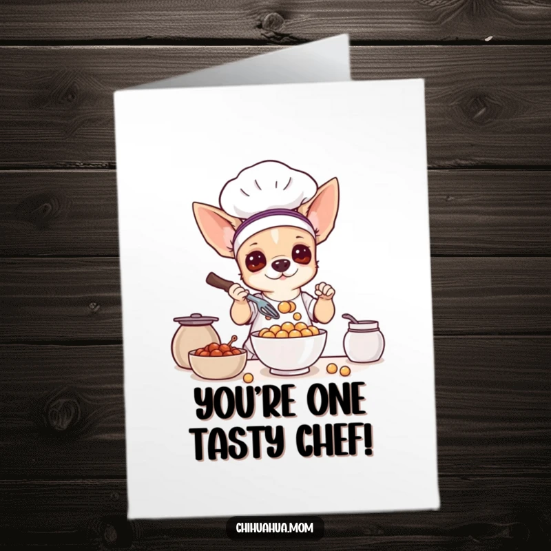 Free Printable Congratulations Card: A chihuahua chef energetically whisking a bowl full of delightful tiny treats.
