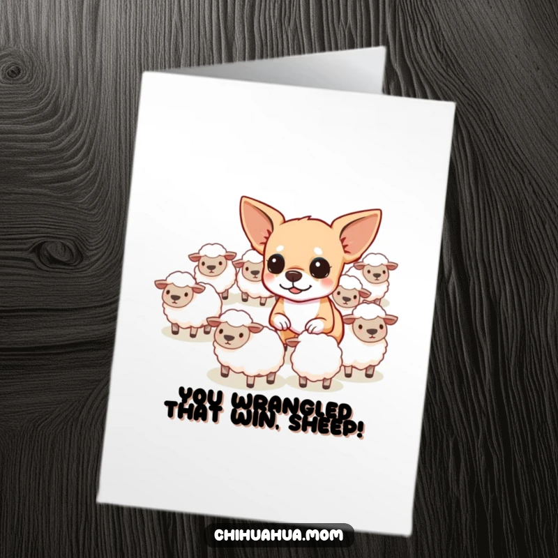 Funny Free Printable Congratulations Card: A determined chihuahua is attempting to herd a flock of very tiny sheep, successfully conquering.