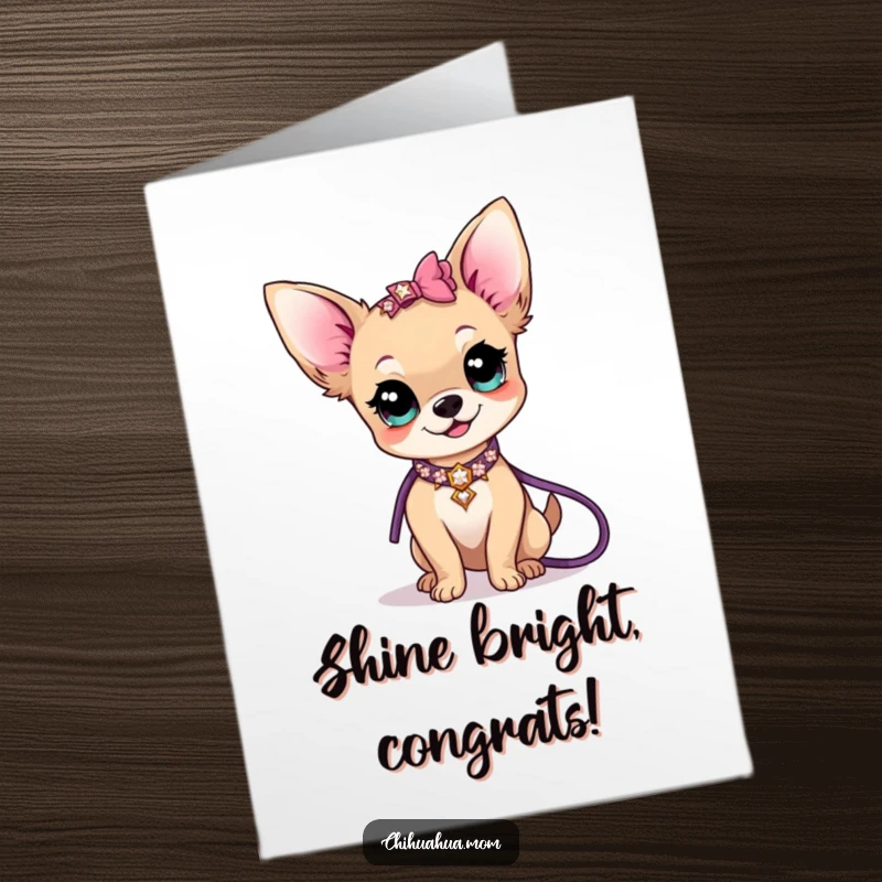 Funny Free Printable Congratulations Card: Kawaii Chihuahua lady radiating confidence with a stunning sparkly collar and leash, a true star.
