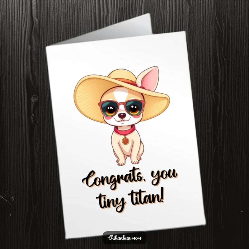 Funny free printable congratulations card: a tiny chihuahua woman sports a large sun hat, celebrating in style.