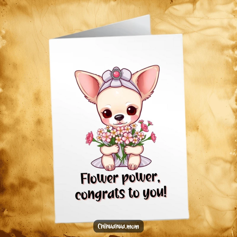 Funny Free Printable Congratulations Card: A pampered chihuahua is showered with a tiny bouquet of beautiful flowers.