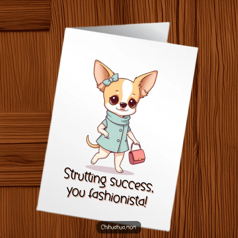 Funny Free Printable Congratulations Card: A fashionable chihuahua woman flaunts her tiny purse with confident swagger.