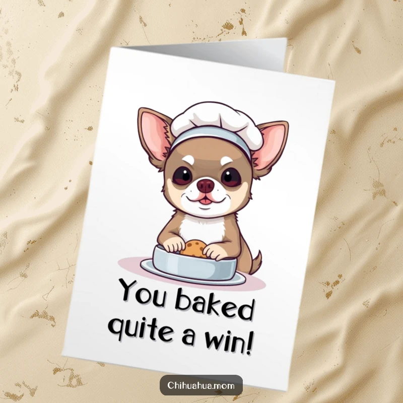 Free Printable Congratulations Card: A chihuahua chef hat on, focuses intently on baking a tiny cookie.