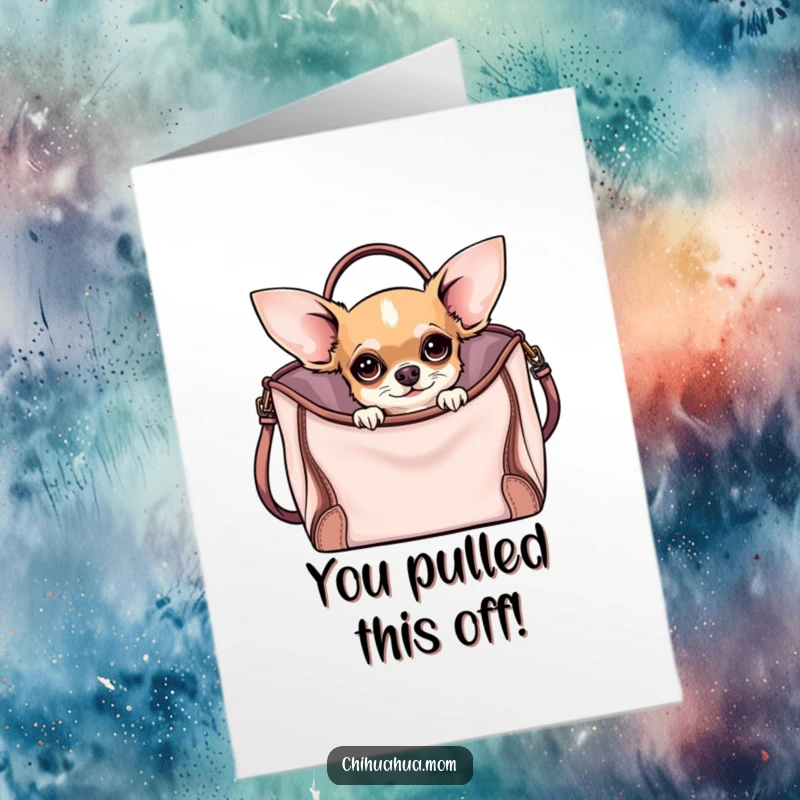 Funny Free Printable Congratulations Card: Chihuahua peeking curiously from a stylish handbag, celebrating a fabulous occasion.