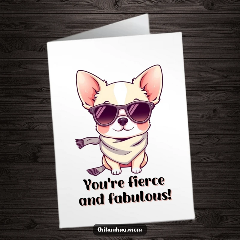 Free Printable Congratulations Card: A tiny chihuahua posing confidently in stylish sunglasses and a trendy scarf.