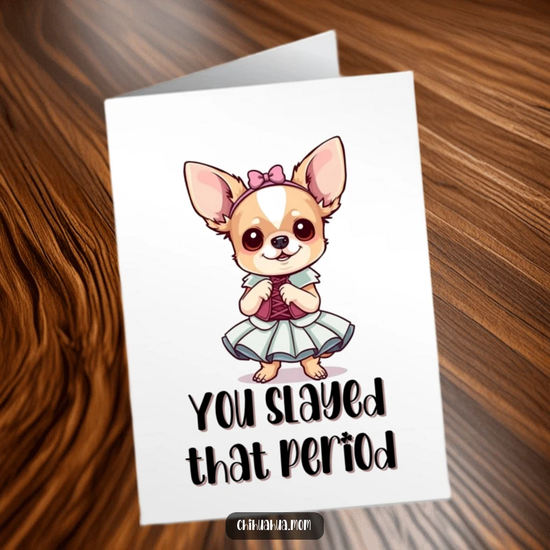 Free Printable Congratulations Card: A tiny chihuahua in a fancy dress looks fabulous and ready to celebrate your success.
