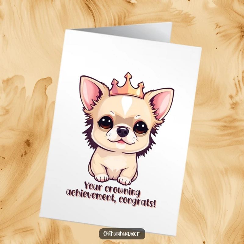Free Printable Congratulations Card: A perfectly groomed chihuahua wears a tiny, sparkling crown, looking quite pleased with itself.