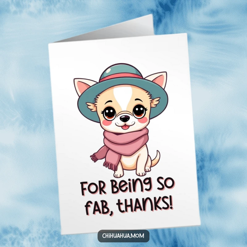 Funny Free Printable Thank You Card: Fashion-forward Kawaii chihuahua lady wearing a stylish hat and scarf.