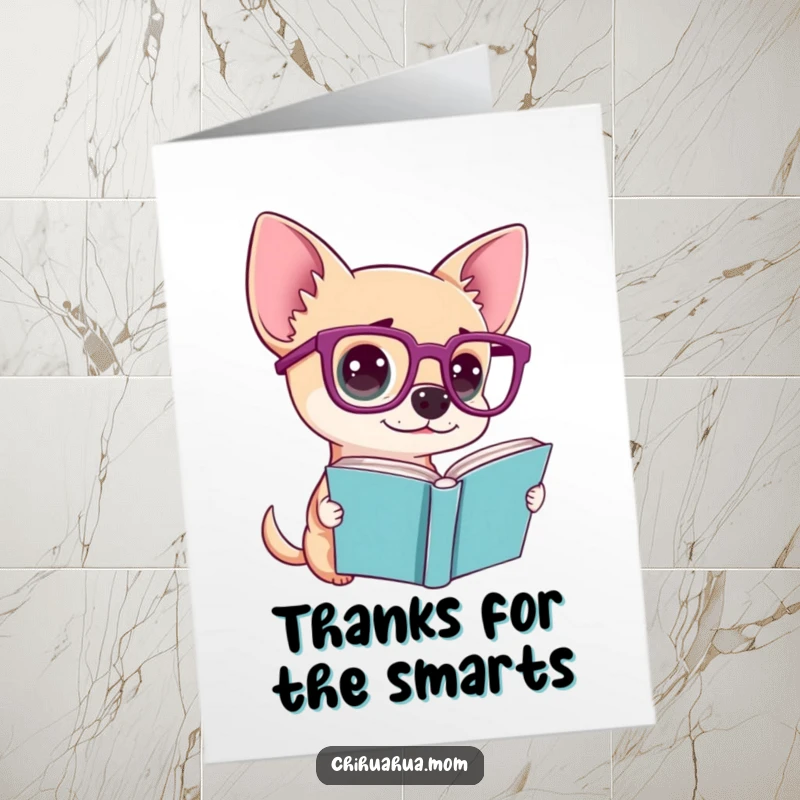 Funny Free Printable Thank You Card: A chihuahua wearing large glasses looks utterly perplexed by a book.