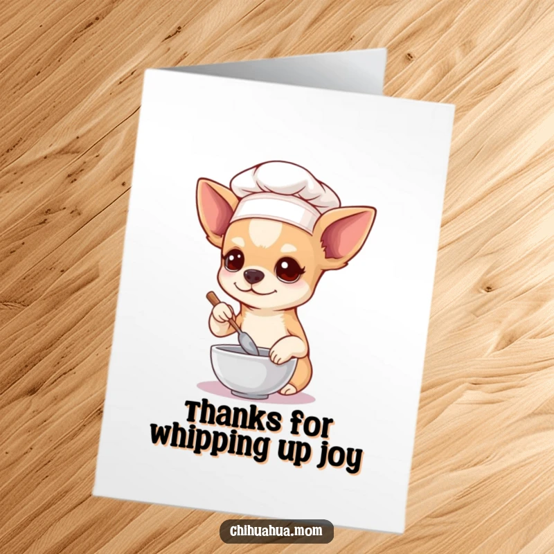 Funny Free Printable Thank You Card of a chihuahua chef in a hat, stirring a minuscule bowl, expressing thanks with a culinary twist.