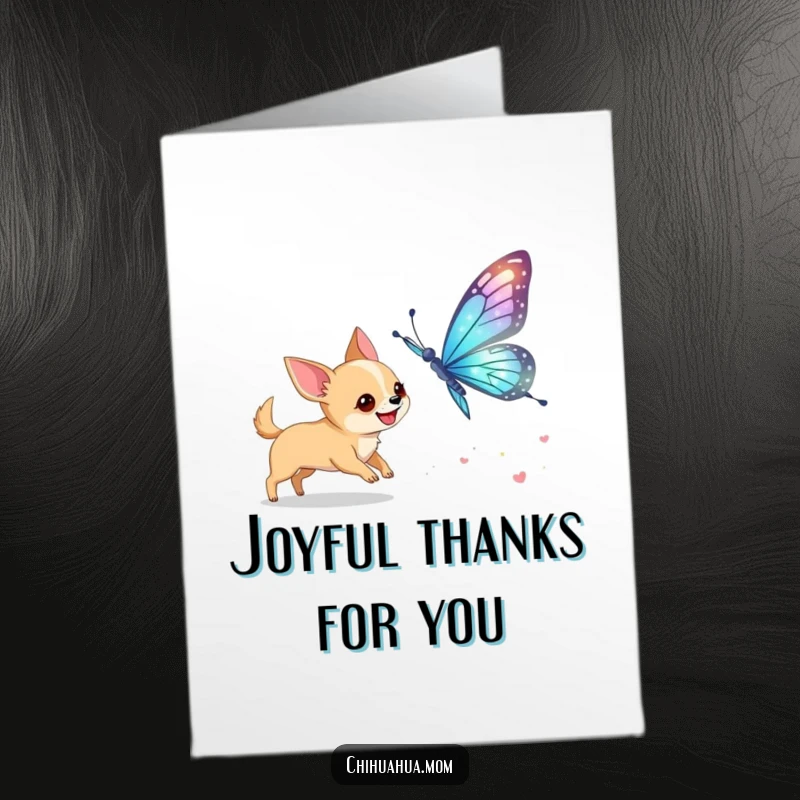 Funny Free Printable Thank You Card: A chihuahua excitedly pursues a giant, shimmering butterfly, a symbol of fleeting beauty.