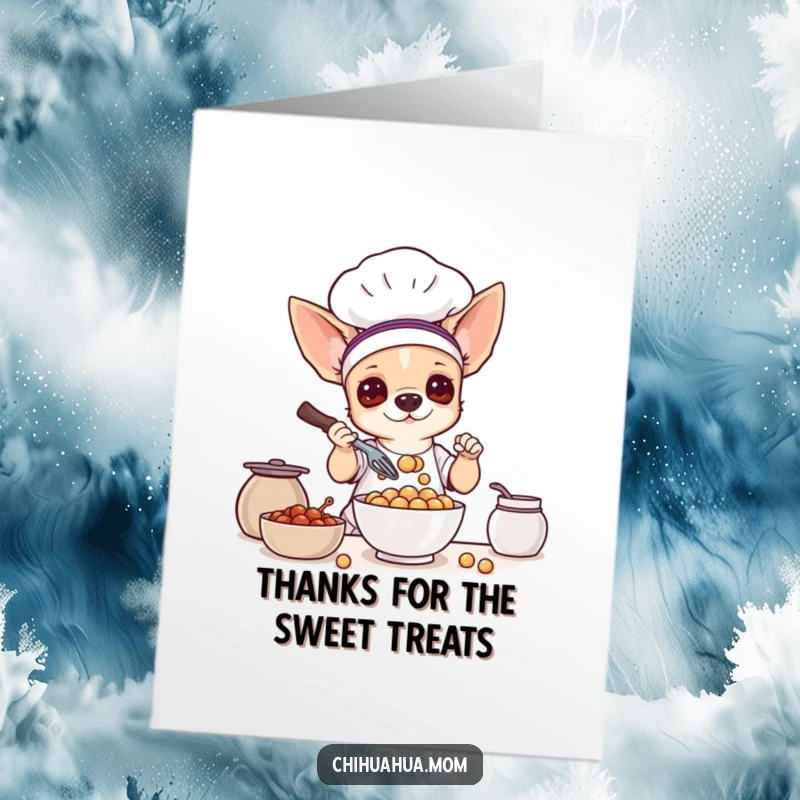 Funny Free Printable Thank You Card: A chihuahua chef whisking a bowl of tiny, tempting treats with dramatic flair.