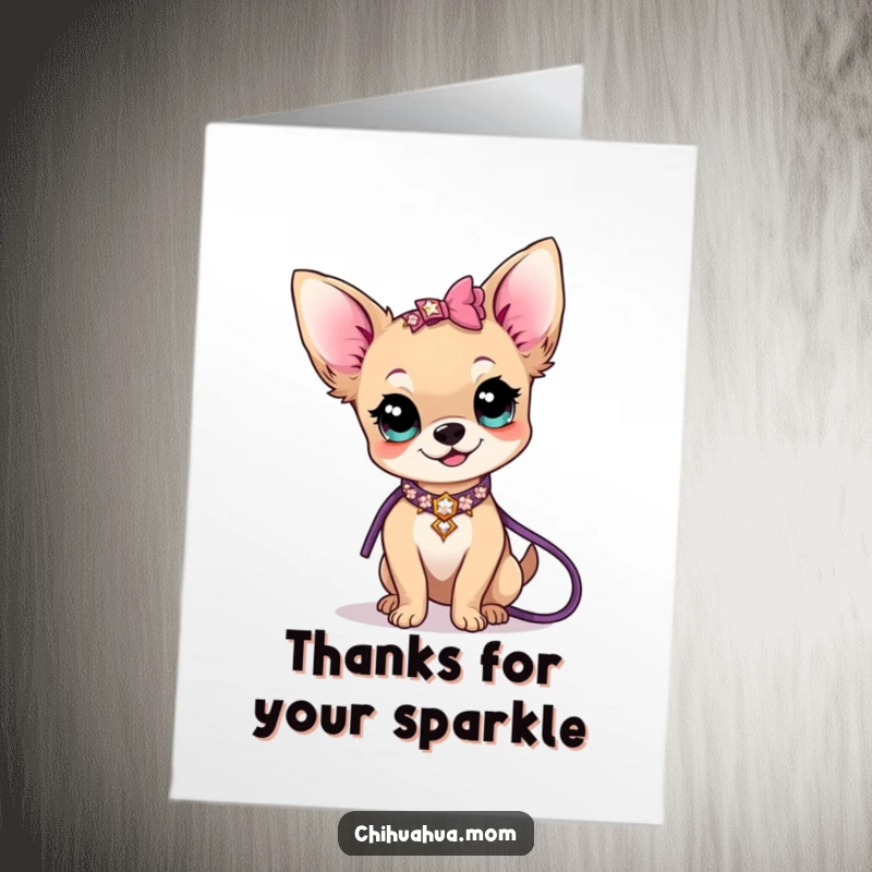 Funny Free Printable Thank You Card: Kawaii Chihuahua lady looking chic with a shiny sparkly collar and leash, a thank you with pizzazz.