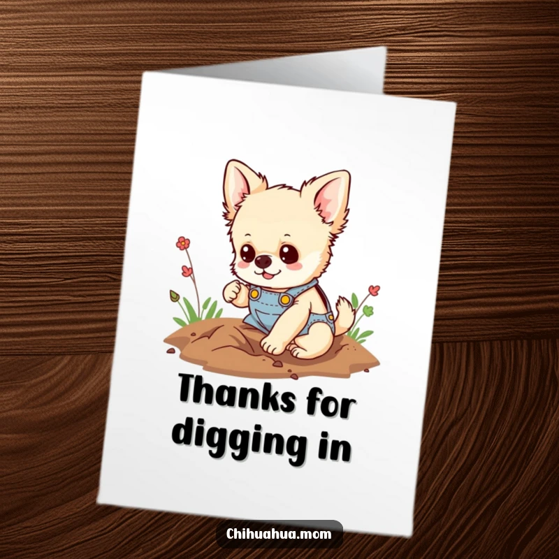 Funny Free Printable Thank You Card: Chihuahua in overalls digging happily, conveying thanks with determination, a downloadable gift.
